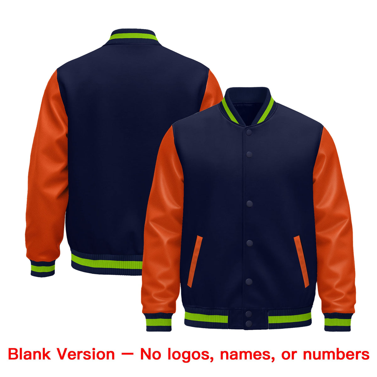 Custom Navy Orange Neon Green Raglan Sleeves Varsity Full-Snap Leather Sleeves Letterman Jacket| KXKSHOP