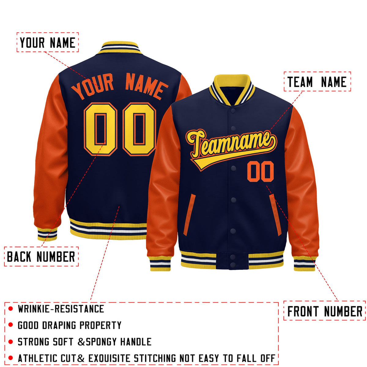 Custom Gold Orange Navy White Raglan Sleeves Varsity Full-Snap Leather Sleeves Letterman Jacket| KXKSHOP