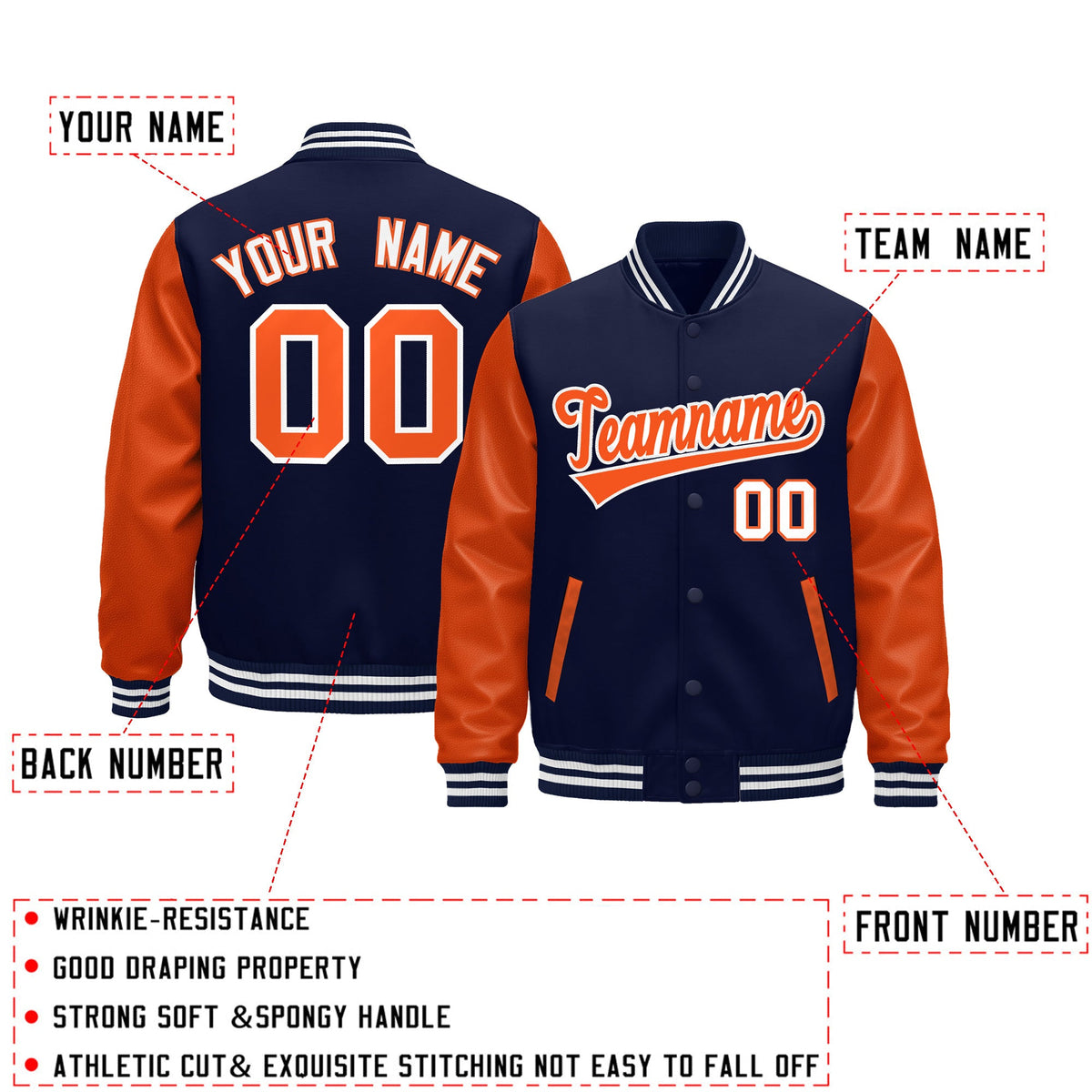 Custom Navy Orange White Raglan Sleeves Varsity Full-Snap Leather Sleeves Letterman Jacket| KXKSHOP