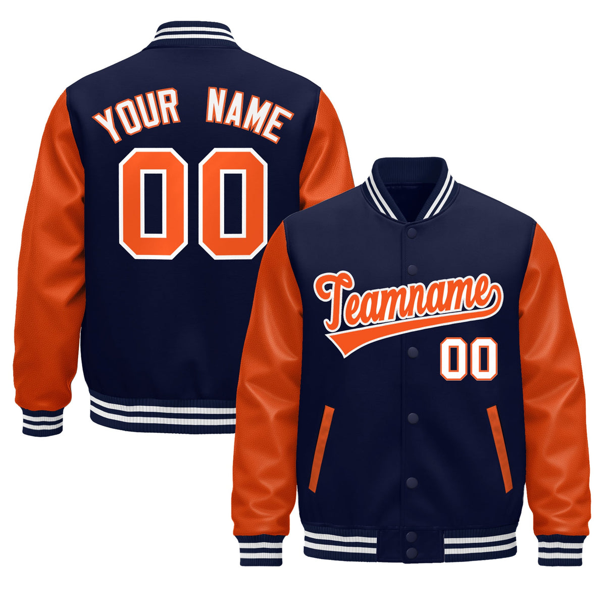 Custom Navy Orange White Raglan Sleeves Varsity Full-Snap Leather Sleeves Letterman Jacket| KXKSHOP