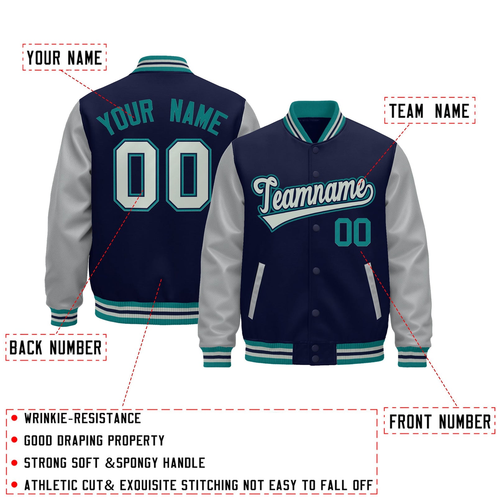 Custom Teal Gray Navy Raglan Sleeves Varsity Full-Snap Leather Sleeves Letterman Jacket| KXKSHOP