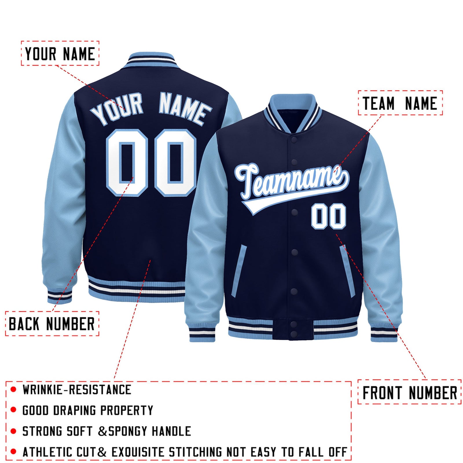 Custom Light Blue Navy White Raglan Sleeves Varsity Full-Snap Leather Sleeves Letterman Jacket| KXKSHOP