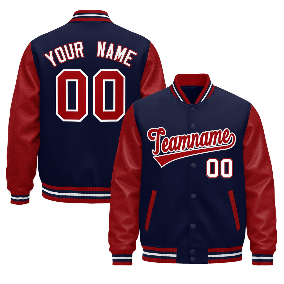 Custom Red Navy White Raglan Sleeves Varsity Full-Snap Leather Sleeves Letterman Jacket| KXKSHOP