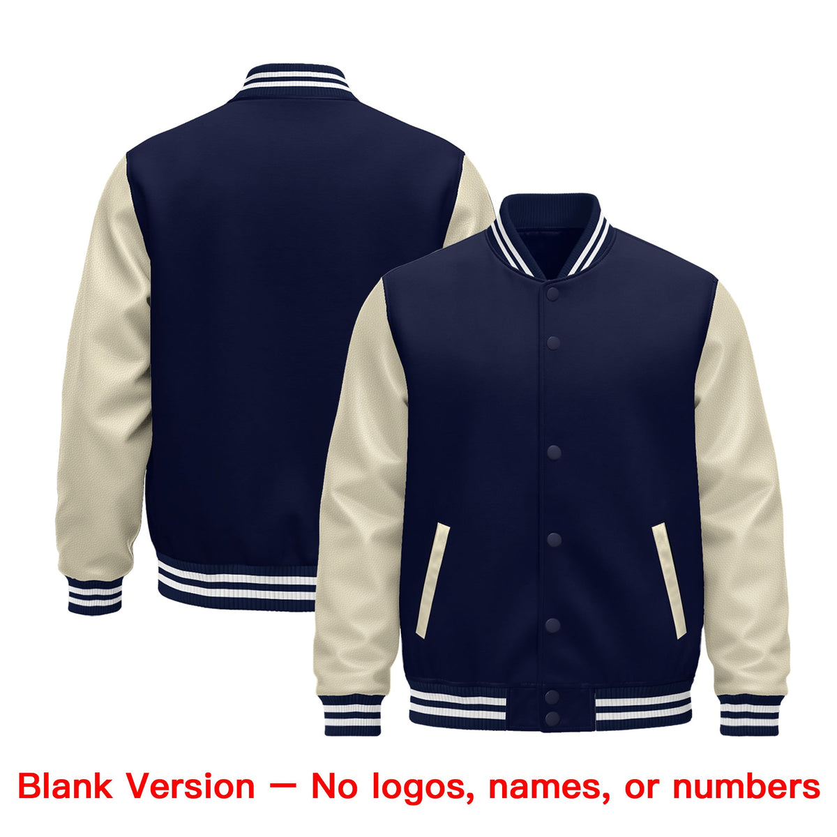 Custom Navy Cream White Raglan Sleeves Varsity Full-Snap Leather Sleeves Letterman Jacket| KXKSHOP