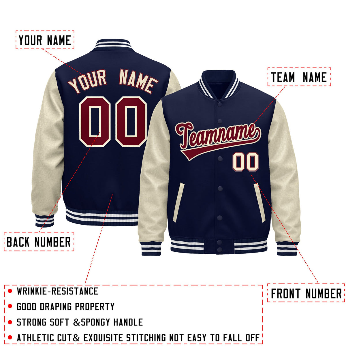 Custom Navy Cream White Raglan Sleeves Varsity Full-Snap Leather Sleeves Letterman Jacket| KXKSHOP