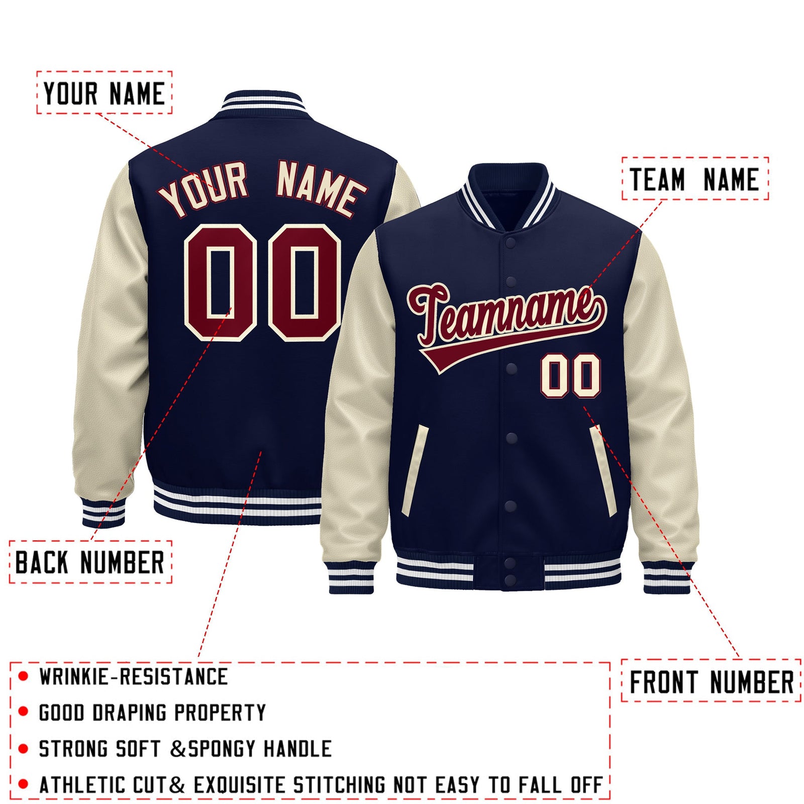 Custom Navy Cream White Raglan Sleeves Varsity Full-Snap Leather Sleeves Letterman Jacket| KXKSHOP