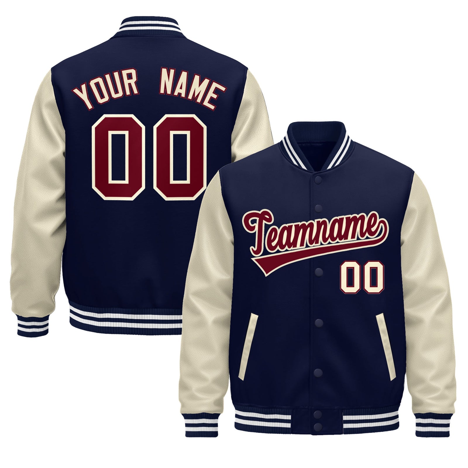 Custom Navy Cream White Raglan Sleeves Varsity Full-Snap Leather Sleeves Letterman Jacket| KXKSHOP