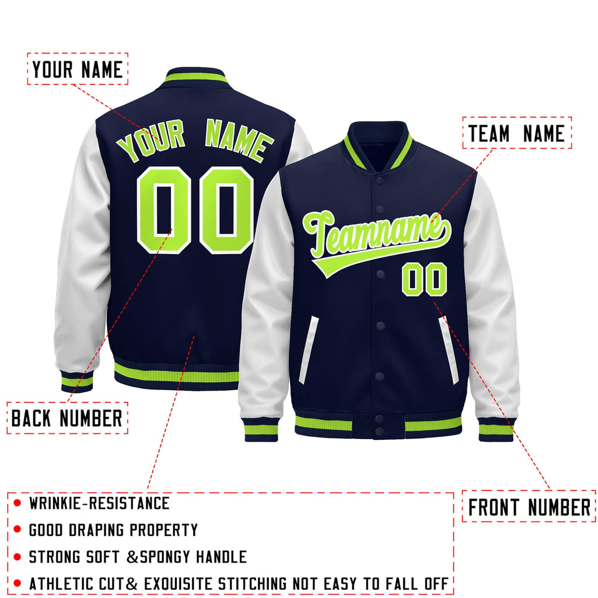 Custom Navy White Neon Green Raglan Sleeves Varsity Full-Snap Leather Sleeves Letterman Jacket| KXKSHOP