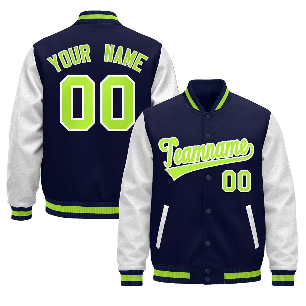 Custom Navy White Neon Green Raglan Sleeves Varsity Full-Snap Leather Sleeves Letterman Jacket| KXKSHOP
