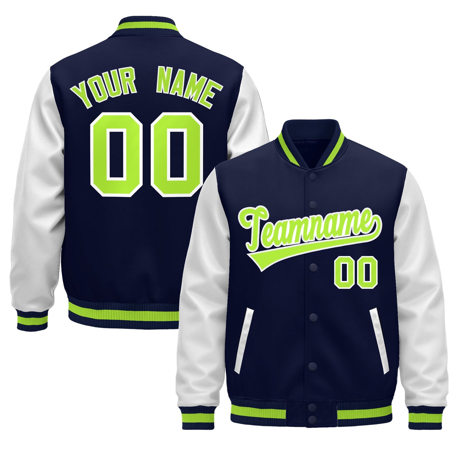 Custom Navy White Neon Green Raglan Sleeves Varsity Full-Snap Leather Sleeves Letterman Jacket| KXKSHOP