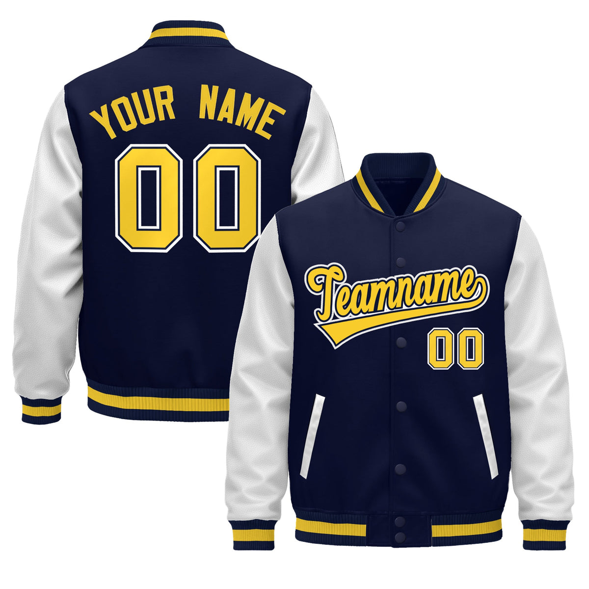 Custom Navy White Gold Raglan Sleeves Varsity Full-Snap Leather Sleeves Letterman Jacket| KXKSHOP