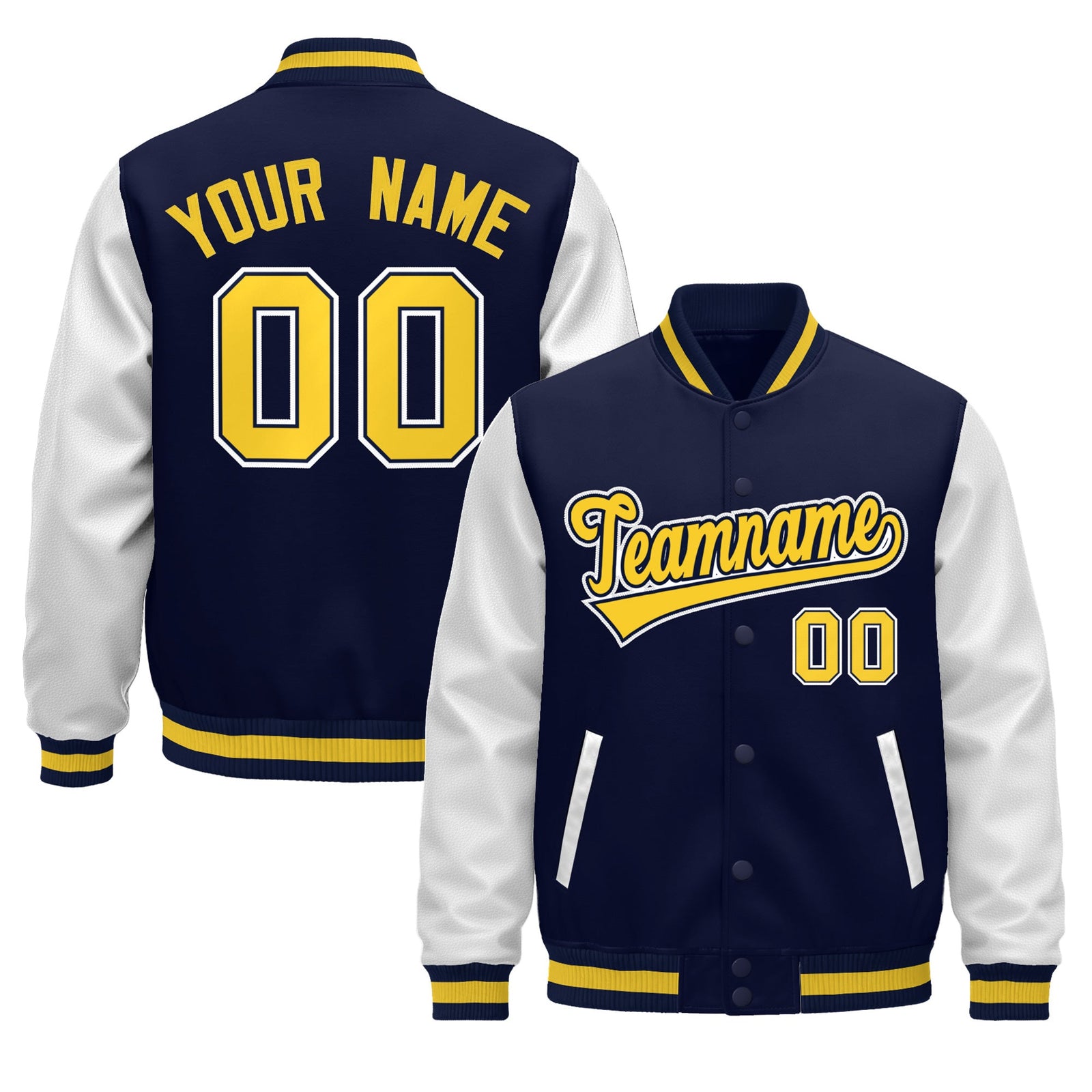 Custom Navy White Gold Raglan Sleeves Varsity Full-Snap Leather Sleeves Letterman Jacket| KXKSHOP