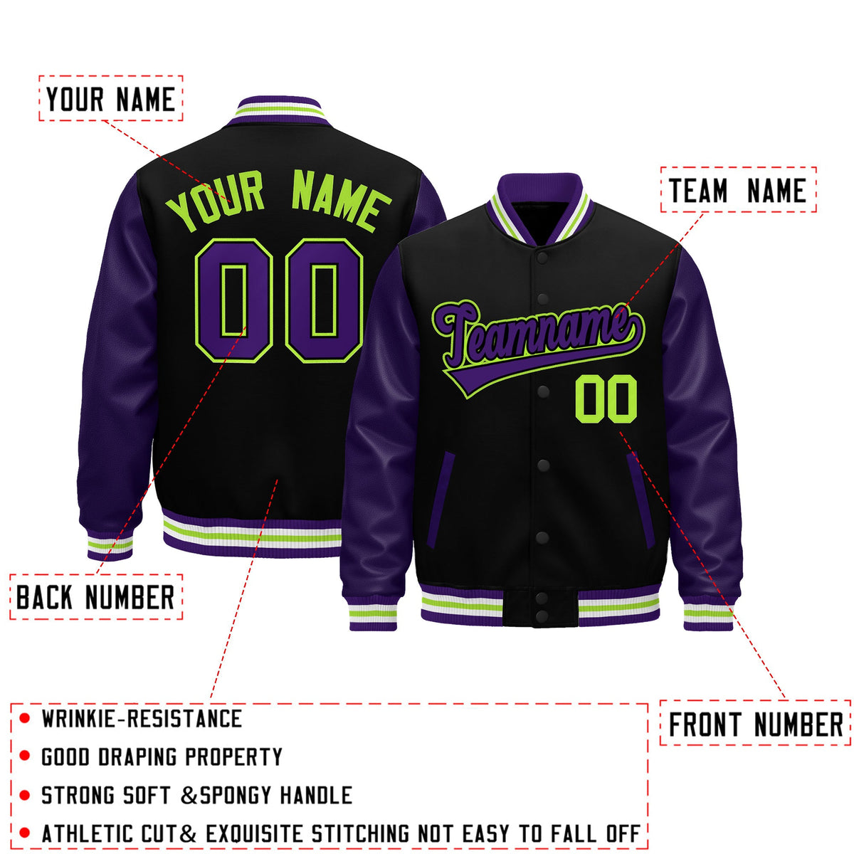 Custom Purple Black Neon Green Raglan Sleeves Varsity Full-Snap Leather Sleeves Letterman Jacket| KXKSHOP
