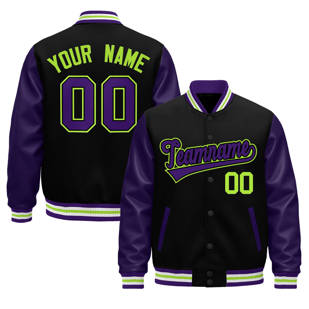 Custom Purple Black Neon Green Raglan Sleeves Varsity Full-Snap Leather Sleeves Letterman Jacket| KXKSHOP