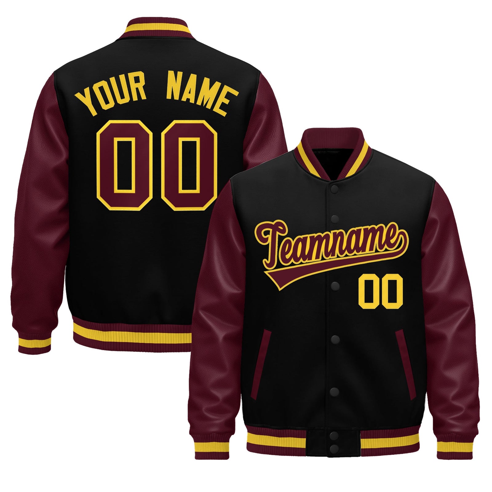Custom Burgundy Black Crimson Gold Raglan Sleeves Varsity Full-Snap Leather Sleeves Letterman Jacket| KXKSHOP