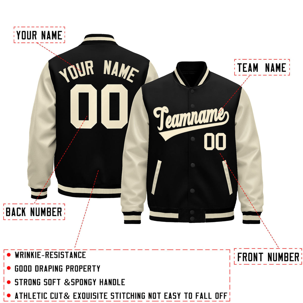 Custom Black Cream Raglan Sleeves Varsity Full-Snap Leather Sleeves Letterman Jacket| KXKSHOP