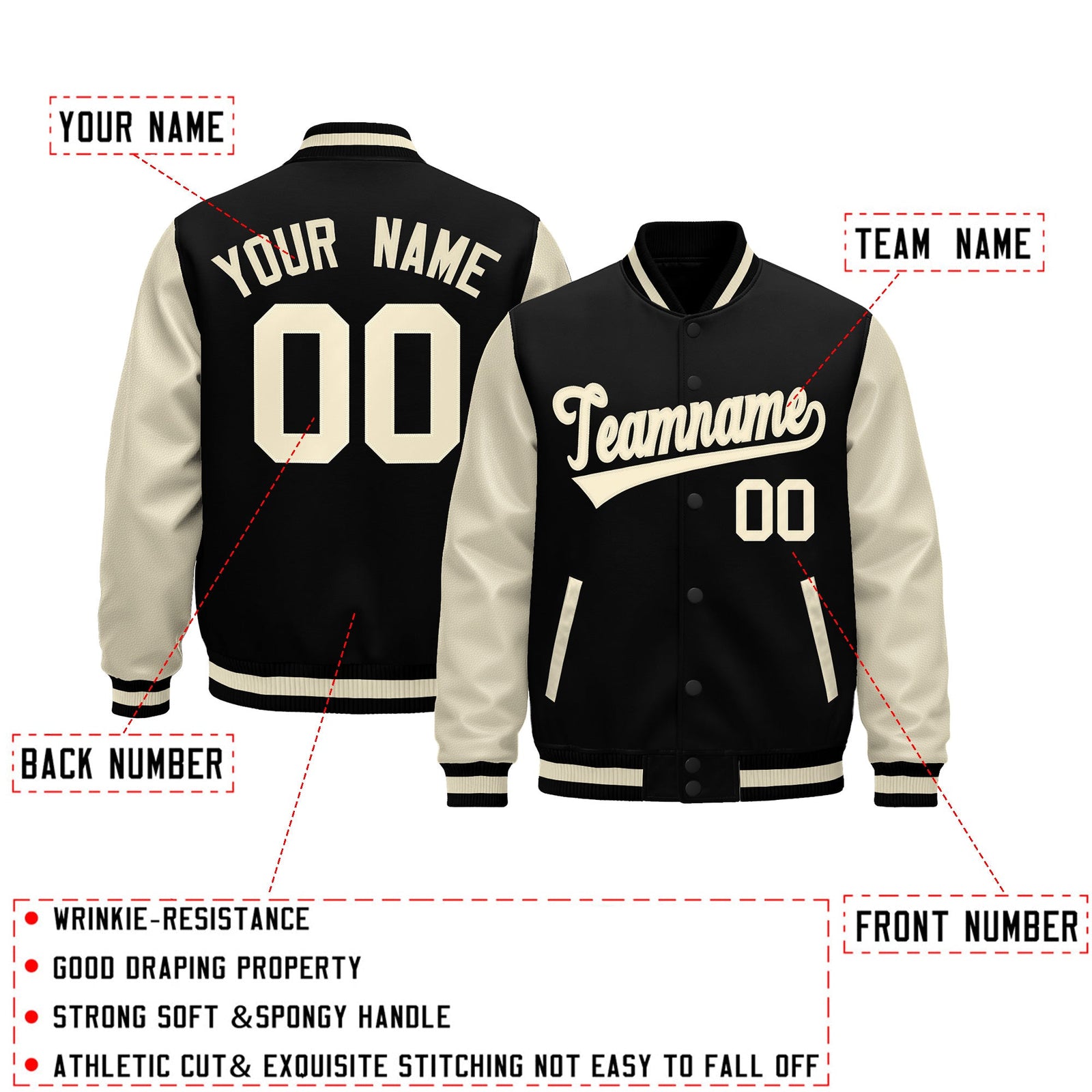 Custom Black Cream Raglan Sleeves Varsity Full-Snap Leather Sleeves Letterman Jacket| KXKSHOP