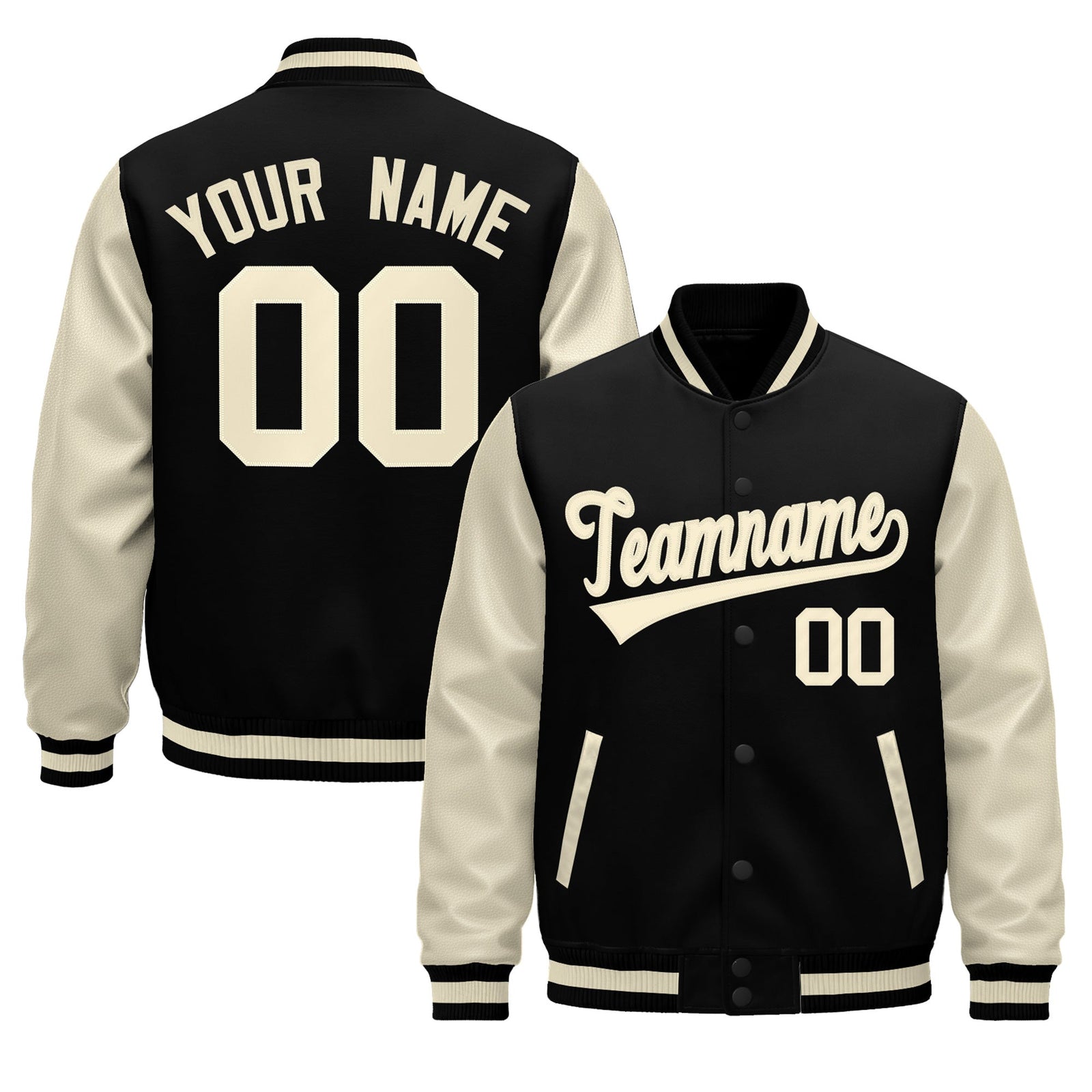 Custom Black Cream Raglan Sleeves Varsity Full-Snap Leather Sleeves Letterman Jacket| KXKSHOP
