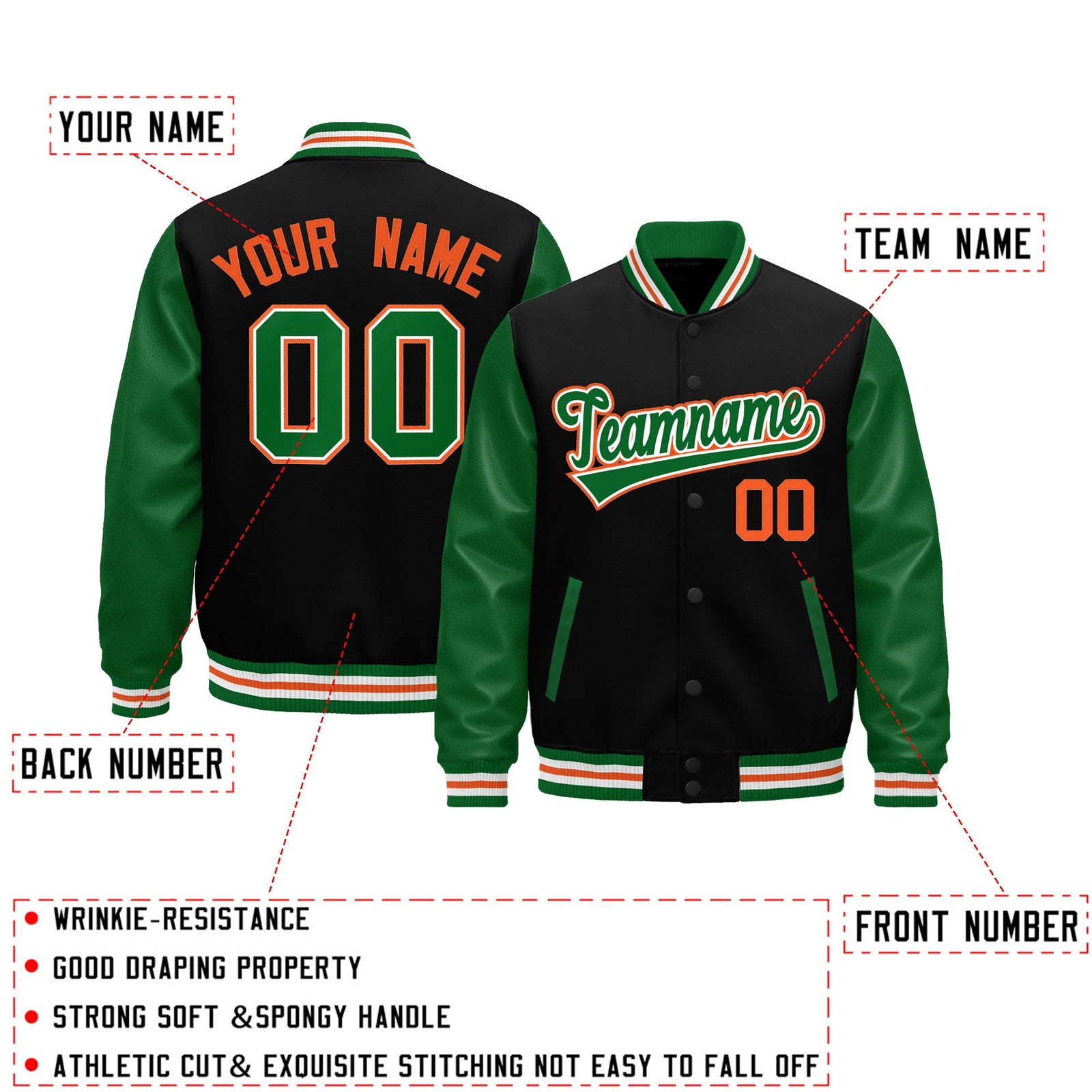 Custom Black Kelly Green White Orange Raglan Sleeves Varsity Full-Snap Letterman Jacket| KXKSHOP