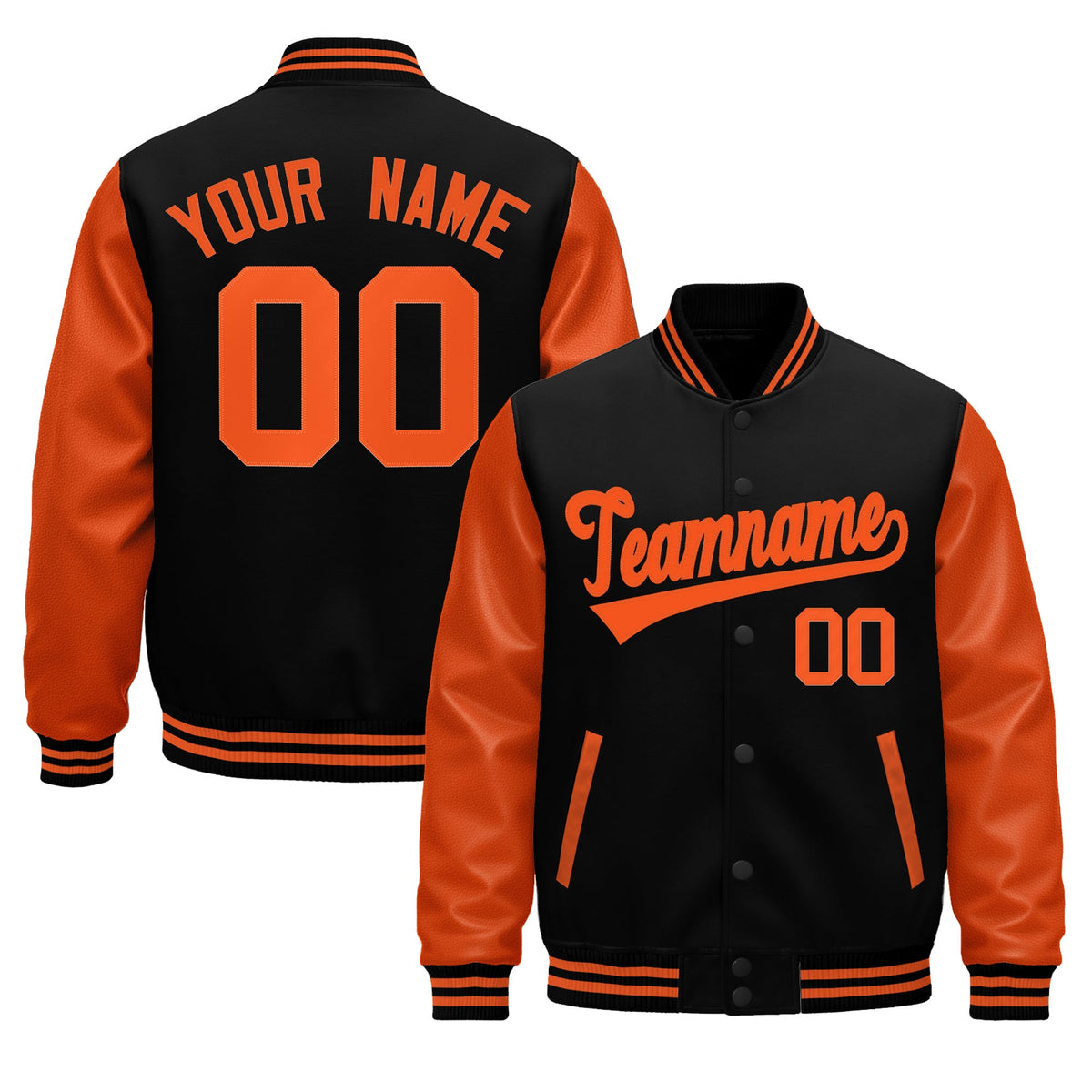 Custom Black Orange Raglan Sleeves Varsity Full-Snap Leather Sleeves Letterman Jacket| KXKSHOP