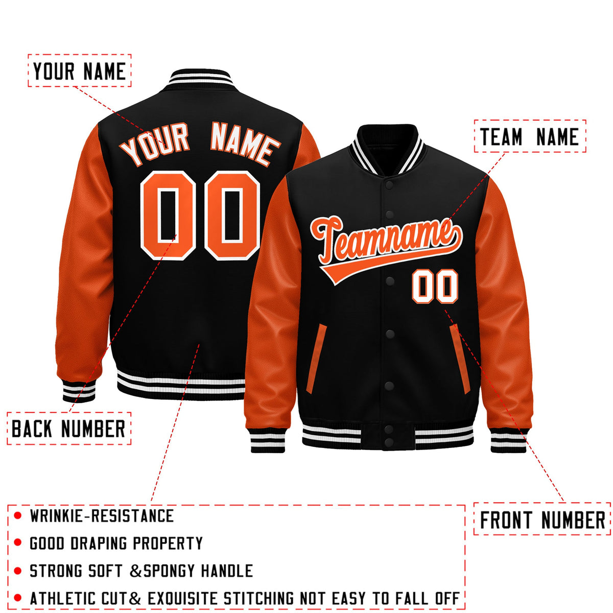 Custom Black Orange White Raglan Sleeves Varsity Full-Snap Leather Sleeves Letterman Jacket| KXKSHOP