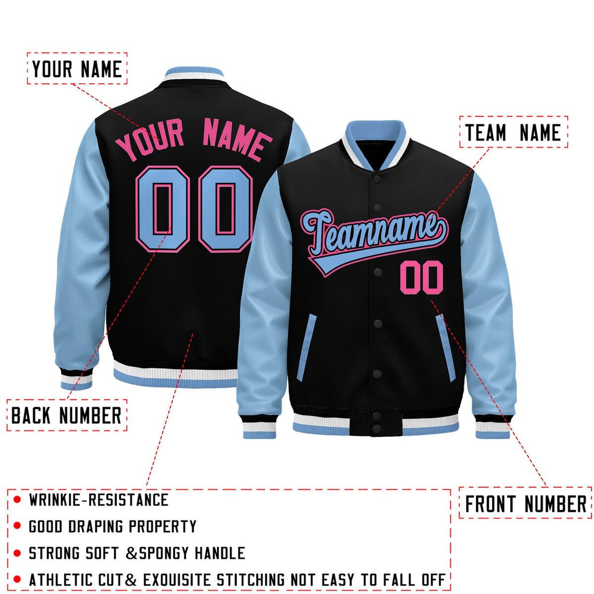 Custom Black Light Blue White Rose Red Raglan Sleeves Varsity Full-Snap Leather Sleeves Letterman Jacket| KXKSHOP