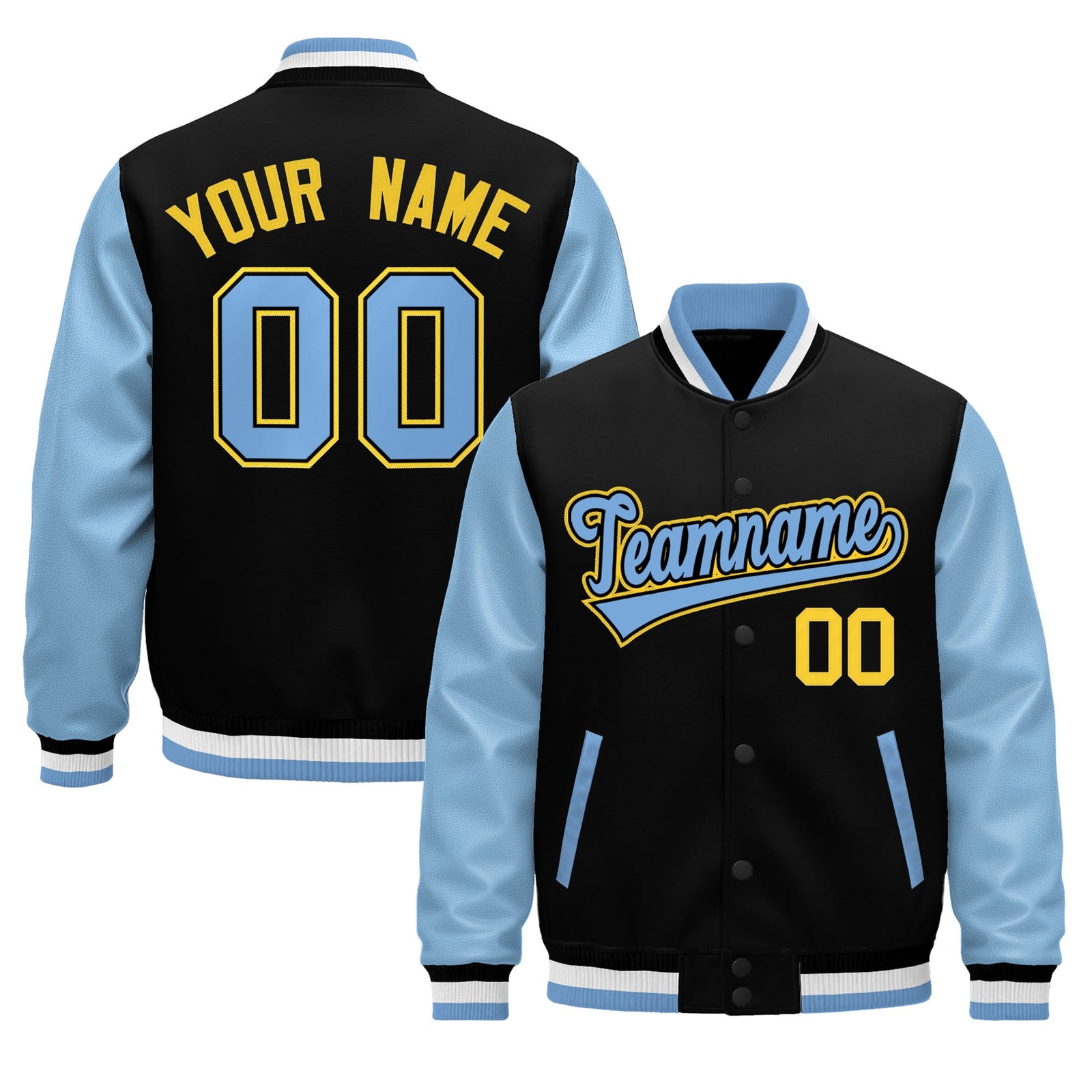 Custom Black Light Blue White Raglan Sleeves Varsity Full-Snap Leather Sleeves Letterman Jacket| KXKSHOP