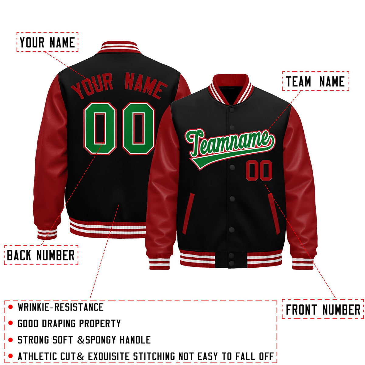 Custom Black Red White Kelly Green Raglan Sleeves Varsity Full-Snap Letterman Jacket| KXKSHOP
