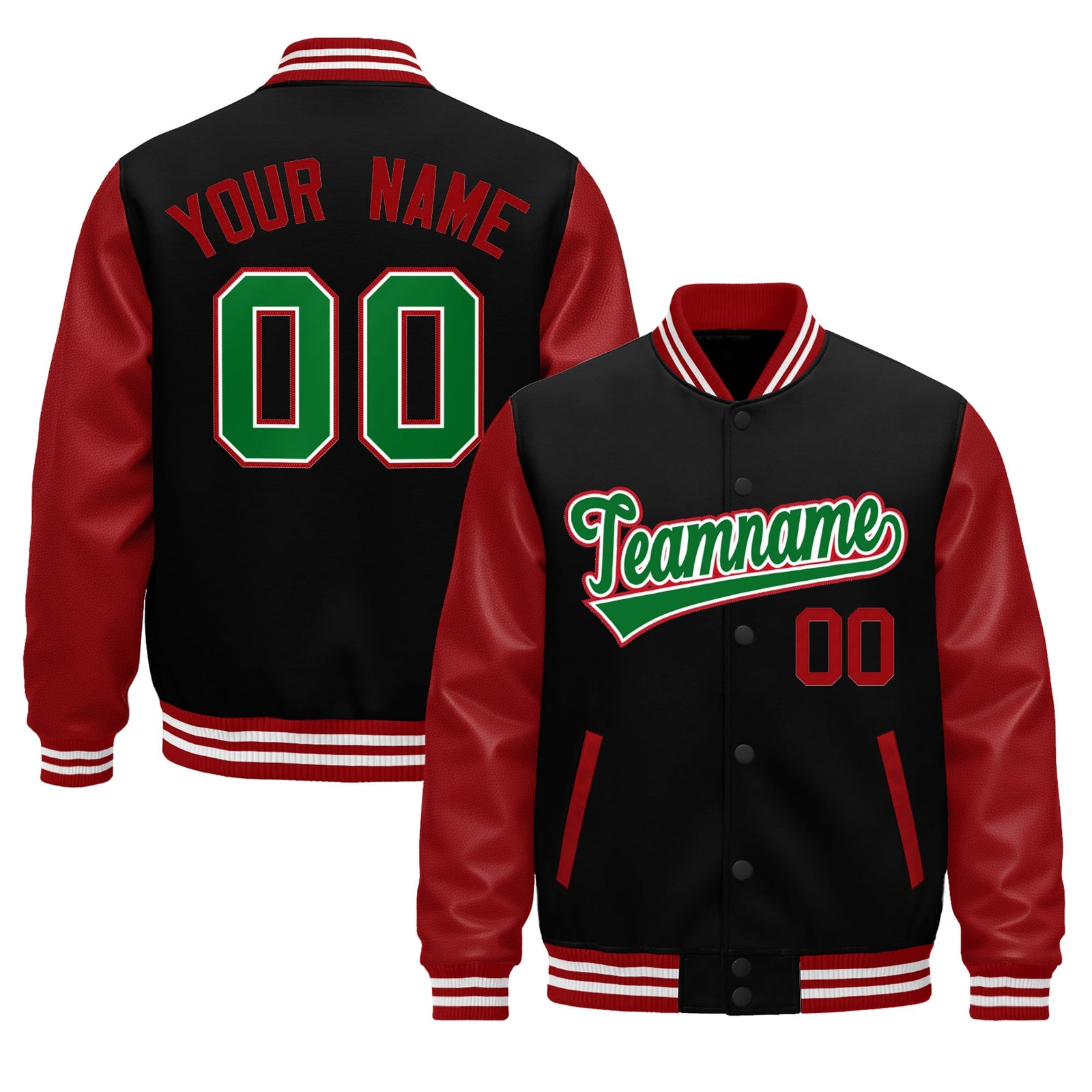 Custom Black Red Kelly Green Raglan Sleeves Varsity Full-Snap Leather Sleeves Letterman Jacket| KXKSHOP