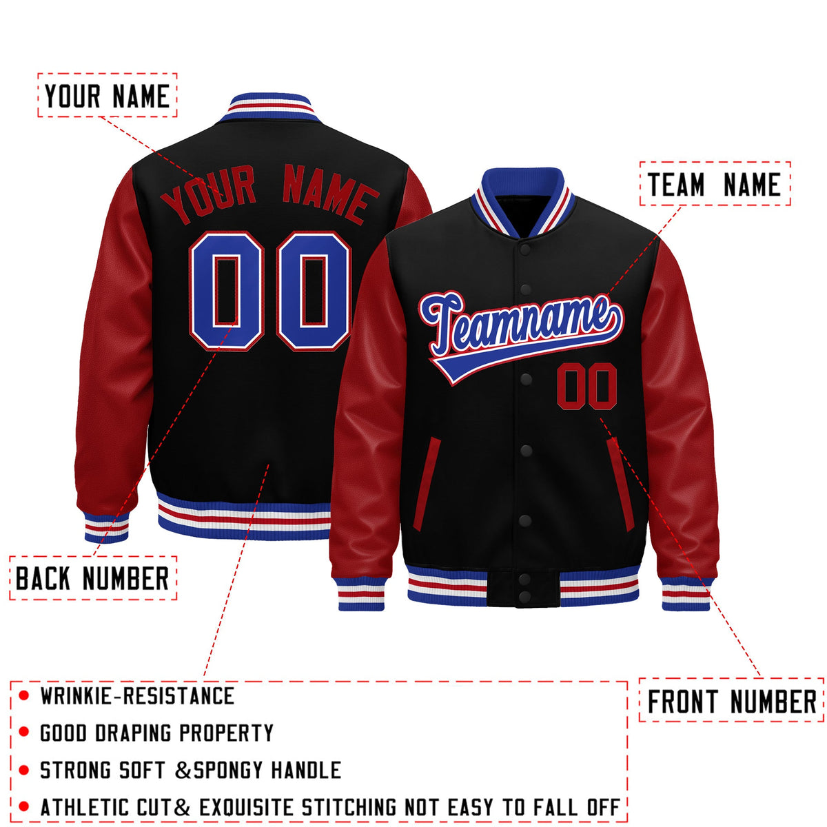 Custom Black Red Royal Blue White Raglan Sleeves Varsity Full-Snap Leather Sleeves Letterman Jacket| KXKSHOP