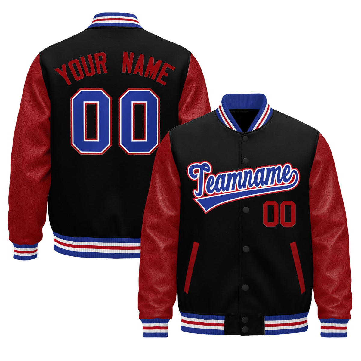Custom Black Red Royal Blue White Raglan Sleeves Varsity Full-Snap Leather Sleeves Letterman Jacket| KXKSHOP