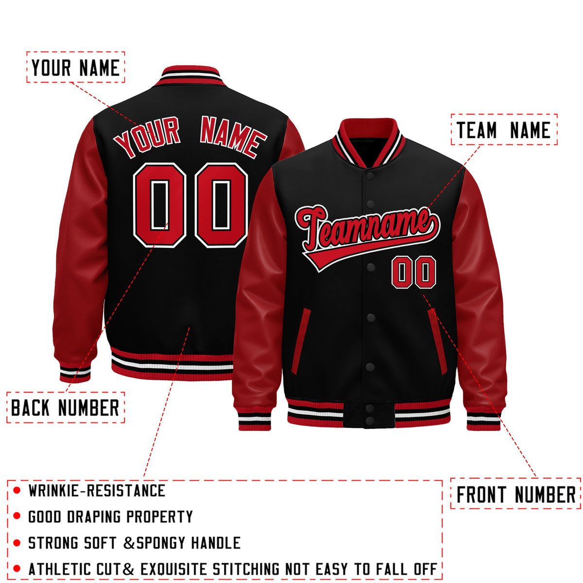 Custom Red Black White Raglan Sleeves Varsity Full-Snap Leather Sleeves Letterman Jacket| KXKSHOP