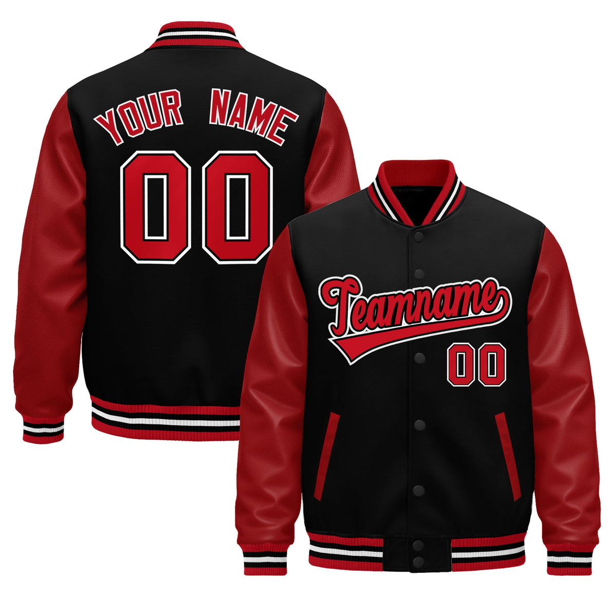 Custom Red Black White Raglan Sleeves Varsity Full-Snap Leather Sleeves Letterman Jacket| KXKSHOP