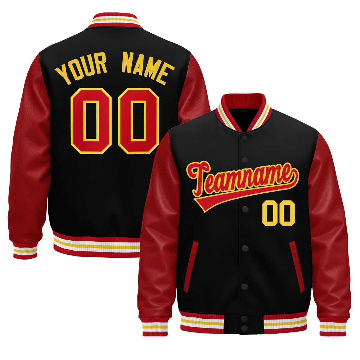 Custom Black Red White Gold Raglan Sleeves Varsity Full-Snap Leather Sleeves Letterman Jacket| KXKSHOP