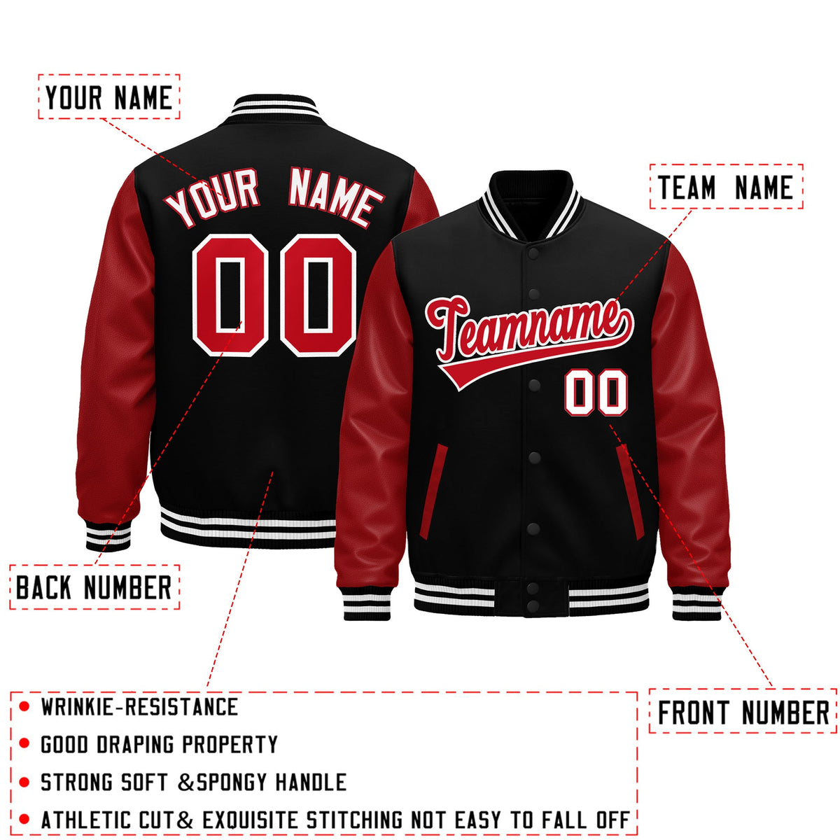 Custom Black White Red Raglan Sleeves Varsity Full-Snap Leather Sleeves Letterman Jacket| KXKSHOP