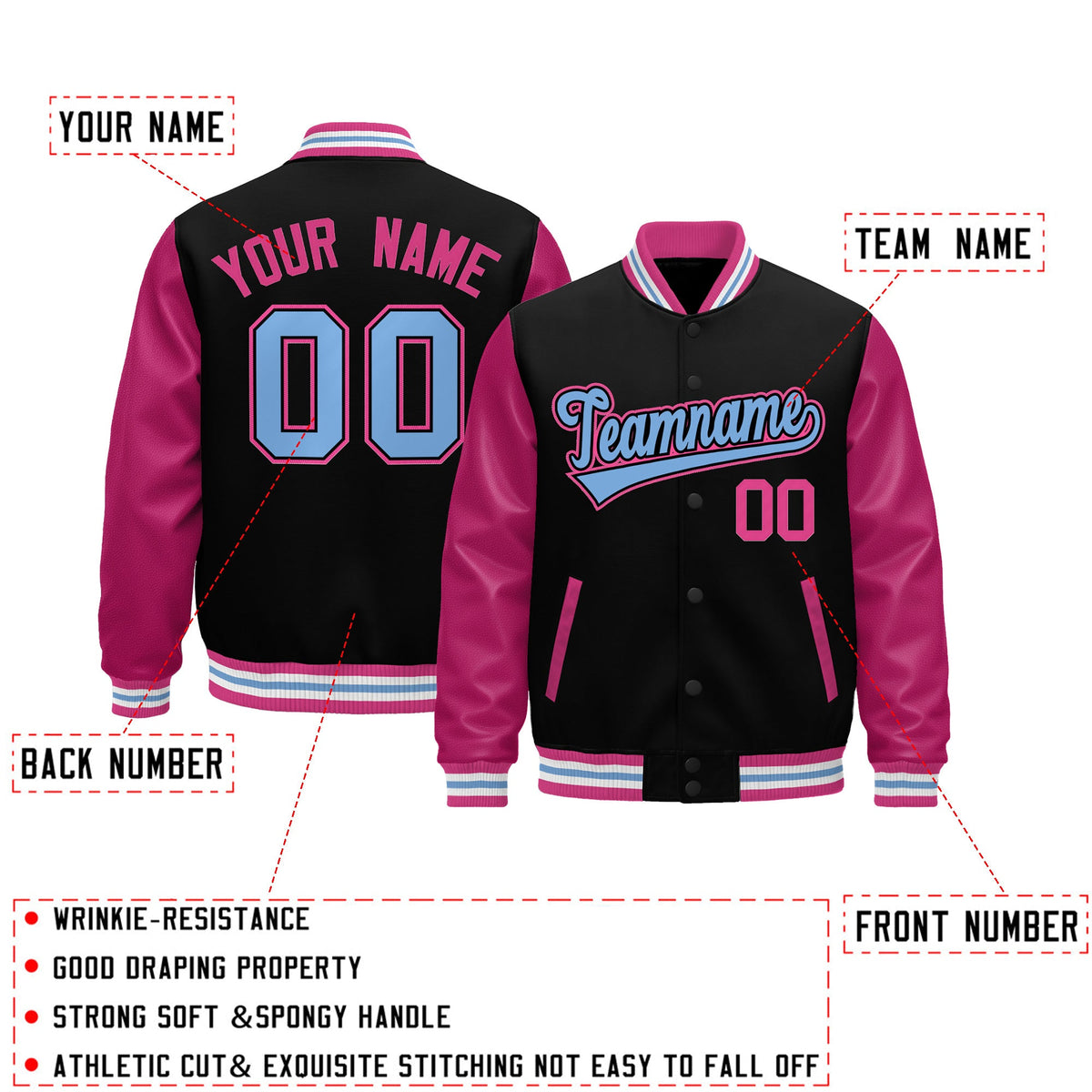 Custom Black Pink White Light Blue Raglan Sleeves Varsity Full-Snap Leather Sleeves Letterman Jacket| KXKSHOP