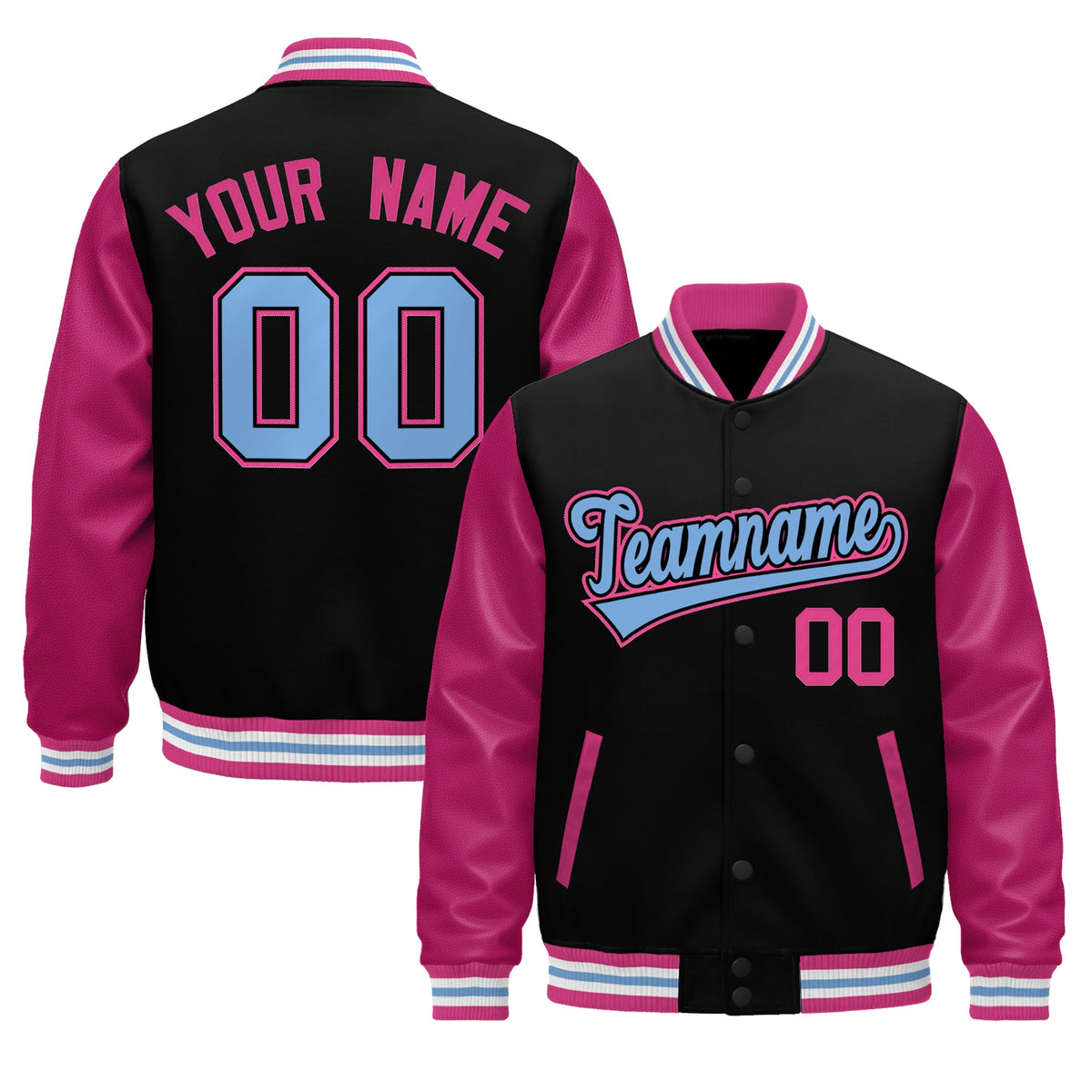 Custom Black Pink White Light Blue Raglan Sleeves Varsity Full-Snap Leather Sleeves Letterman Jacket| KXKSHOP