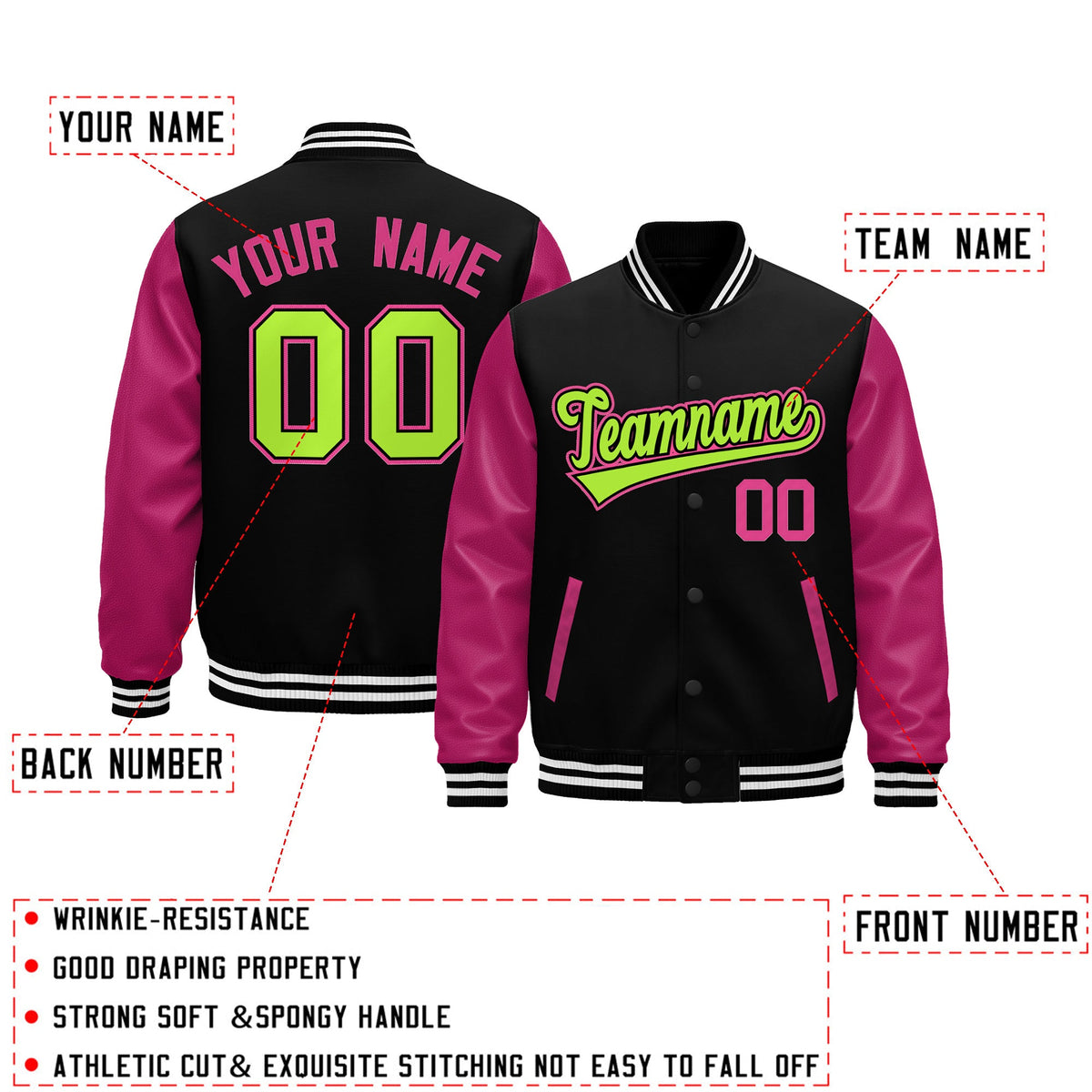 Custom Black Pink White Neon Green Raglan Sleeves Varsity Full-Snap Leather Sleeves Letterman Jacket| KXKSHOP