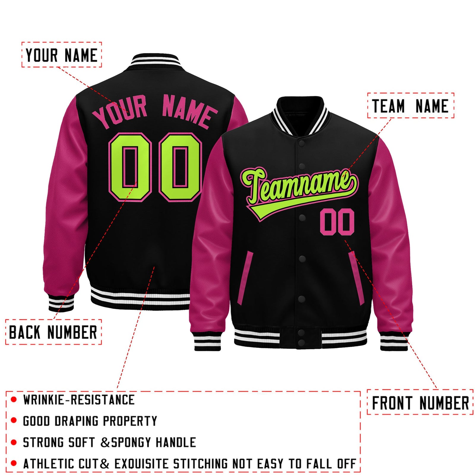 Custom Black Pink White Neon Green Raglan Sleeves Varsity Full-Snap Leather Sleeves Letterman Jacket| KXKSHOP