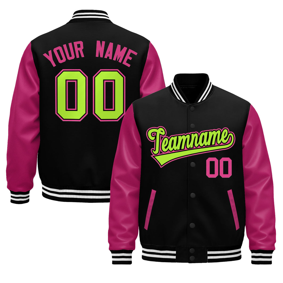 Custom Black Pink White Neon Green Raglan Sleeves Varsity Full-Snap Leather Sleeves Letterman Jacket| KXKSHOP