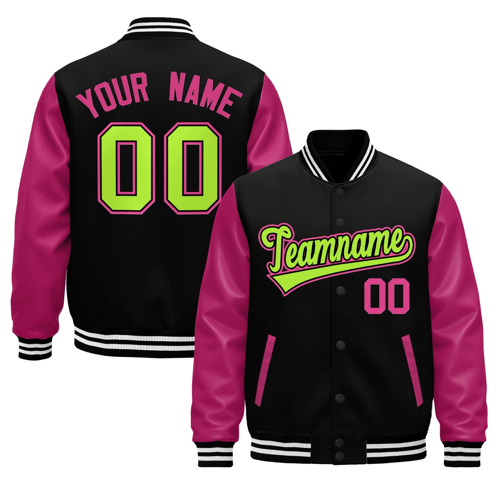 Custom Black Pink White Neon Green Raglan Sleeves Varsity Full-Snap Leather Sleeves Letterman Jacket| KXKSHOP