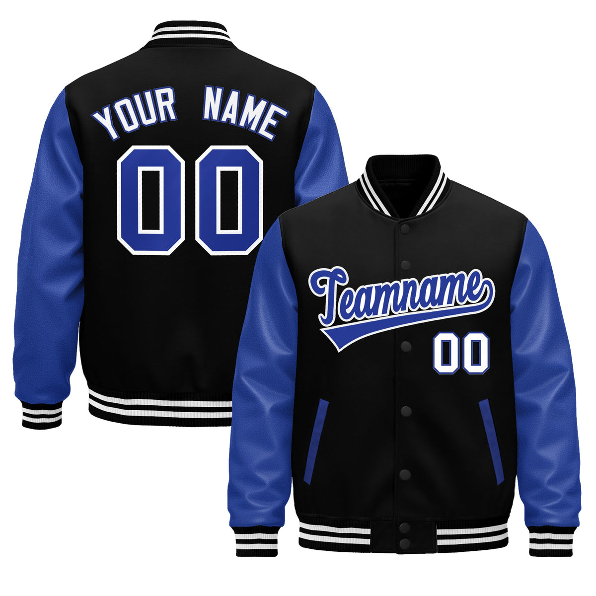 Custom Black Royal Blue White Raglan Sleeves Varsity Full-Snap Leather Sleeves Letterman Jacket| KXKSHOP