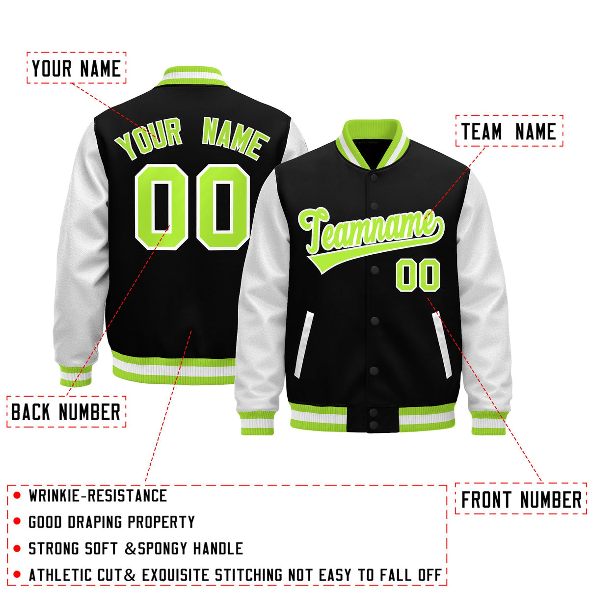 Custom Black Neon Green White Raglan Sleeves Varsity Full-Snap Leather Sleeves Letterman Jacket| KXKSHOP