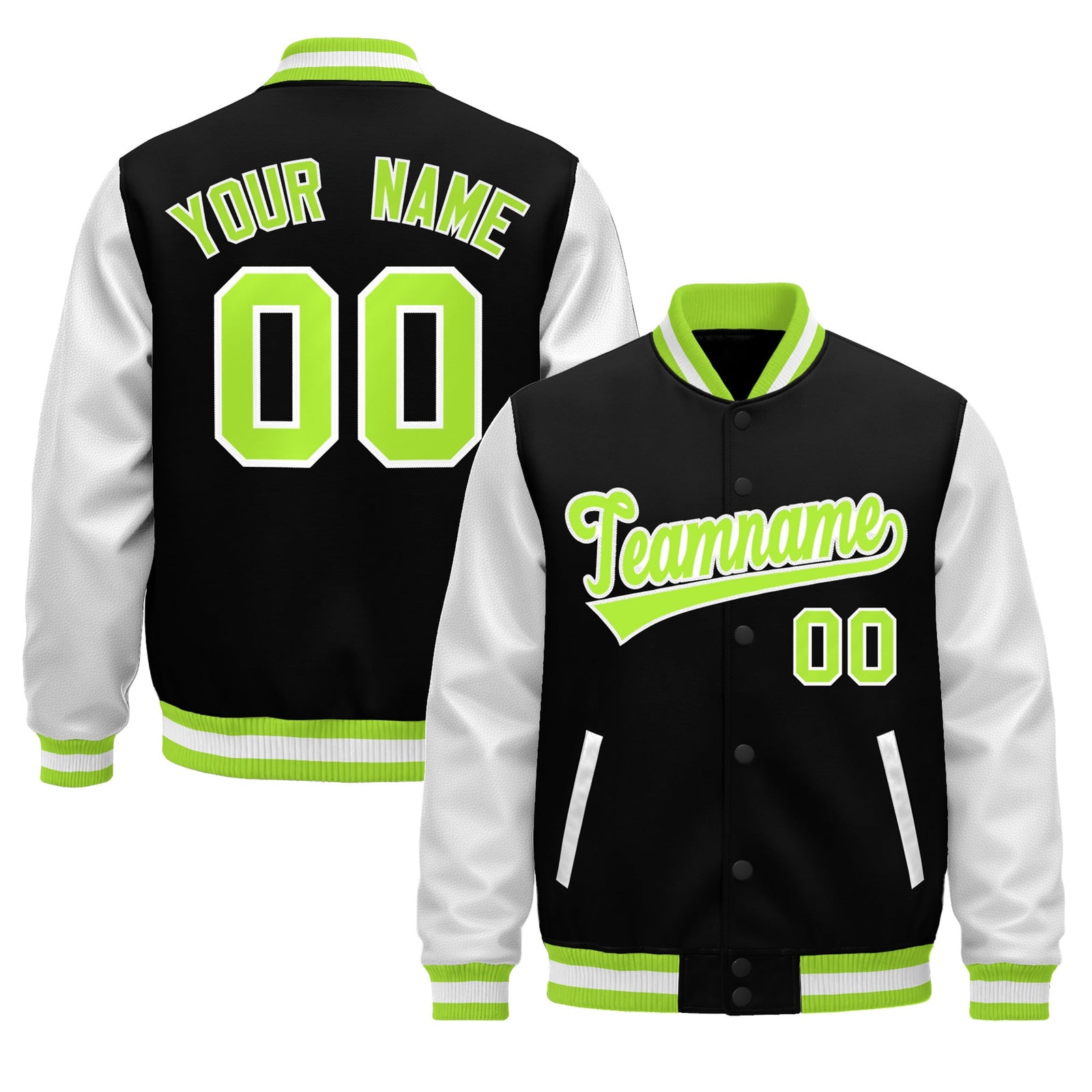 Custom Black Neon Green White Raglan Sleeves Varsity Full-Snap Leather Sleeves Letterman Jacket| KXKSHOP
