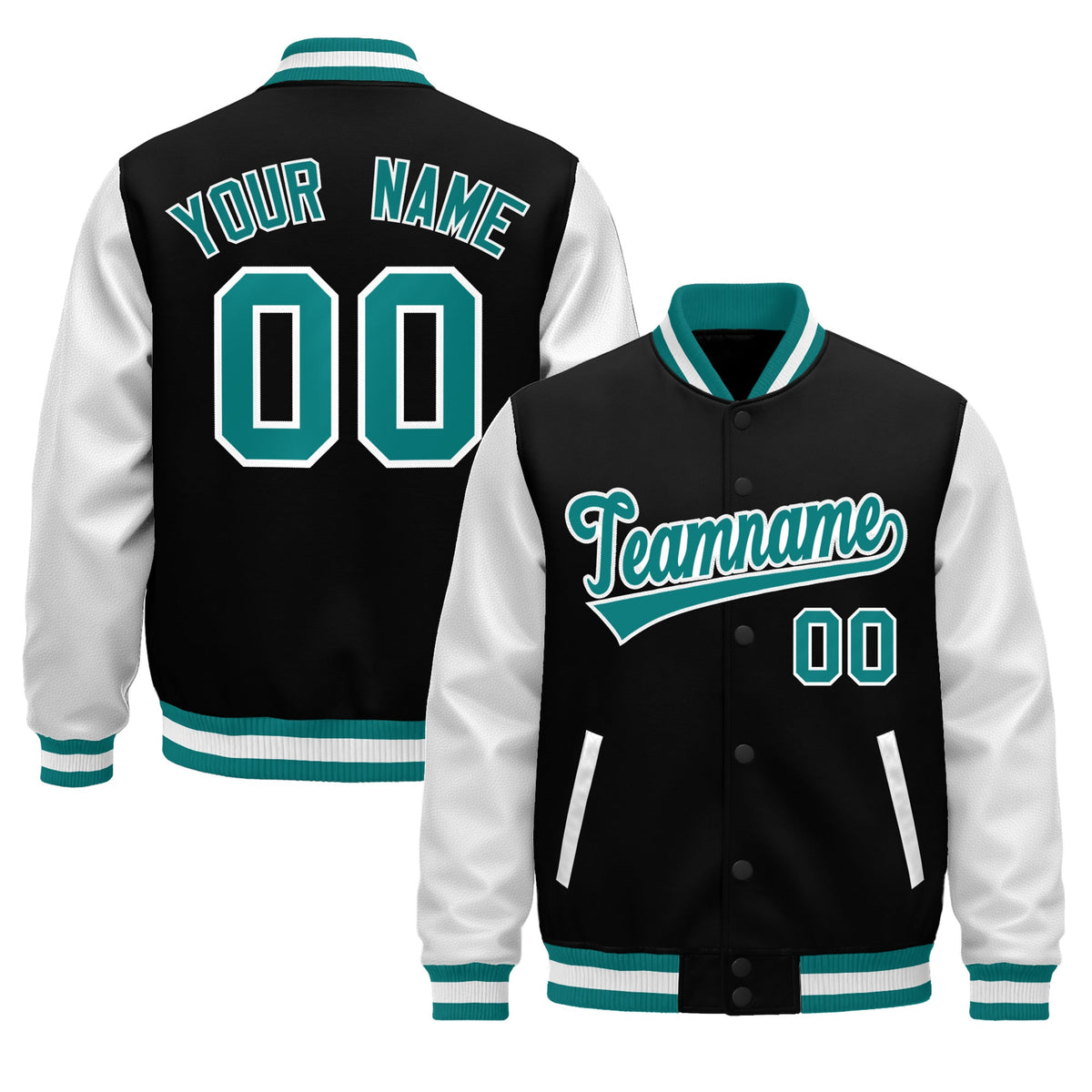 Custom Black Teal White Raglan Sleeves Varsity Full-Snap Leather Sleeves Letterman Jacket| KXKSHOP