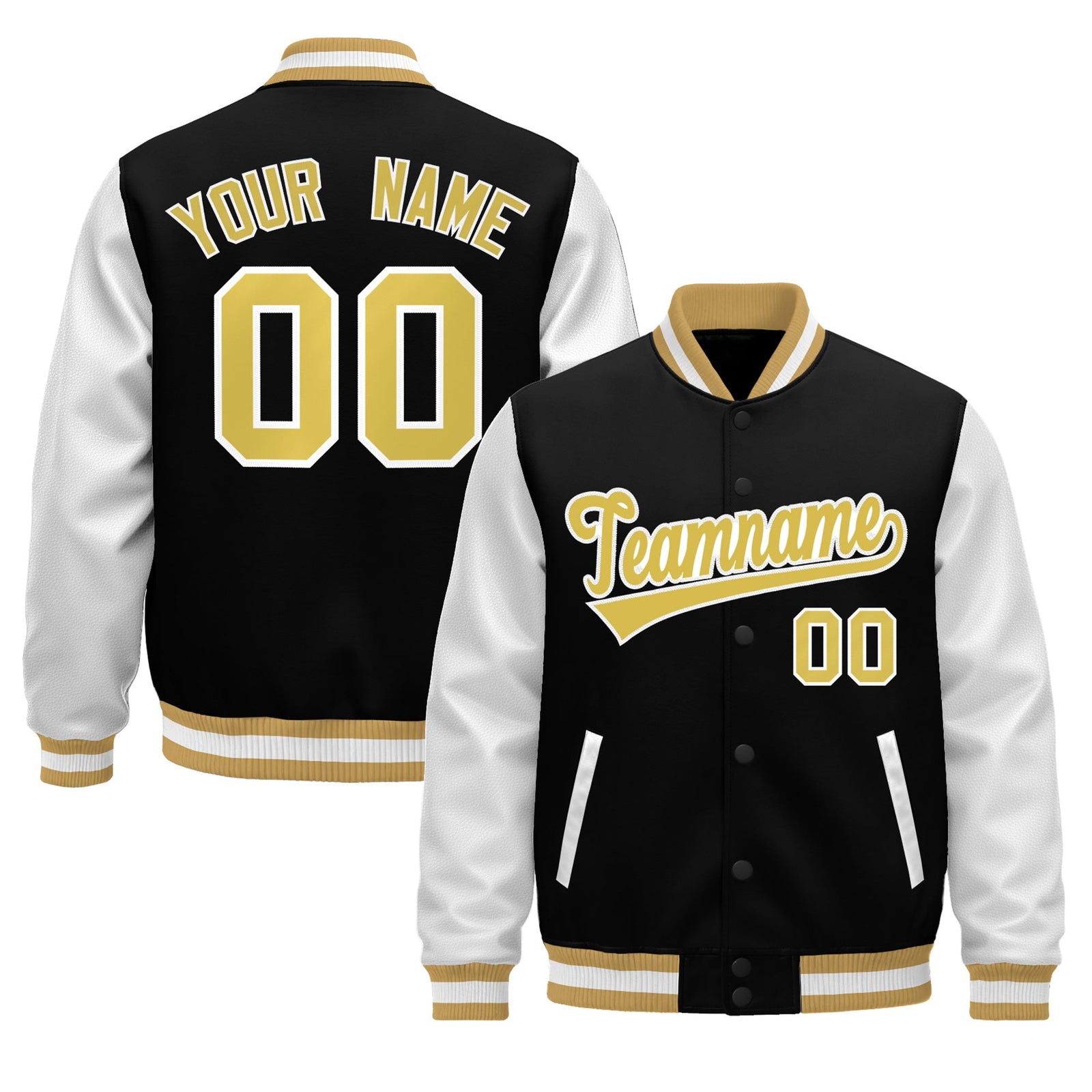 Custom Black Old Gold White Raglan Sleeves Varsity Full-Snap Leather Sleeves Letterman Jacket| KXKSHOP