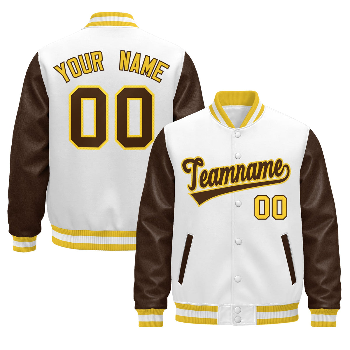 Custom White Brown Gold Raglan Sleeves Varsity Full-Snap Leather Sleeves Letterman Jacket| KXKSHOP