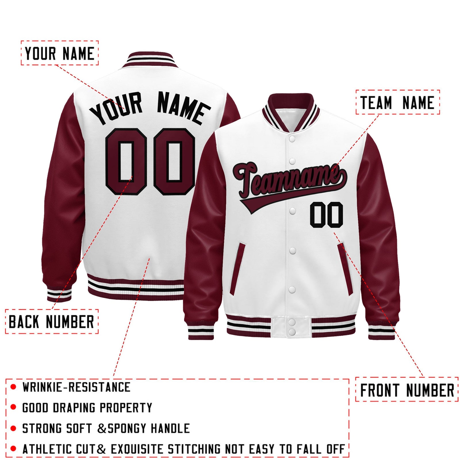 Custom Burgundy White Crimson Black Raglan Sleeves Varsity Full-Snap Leather Sleeves Letterman Jacket| KXKSHOP