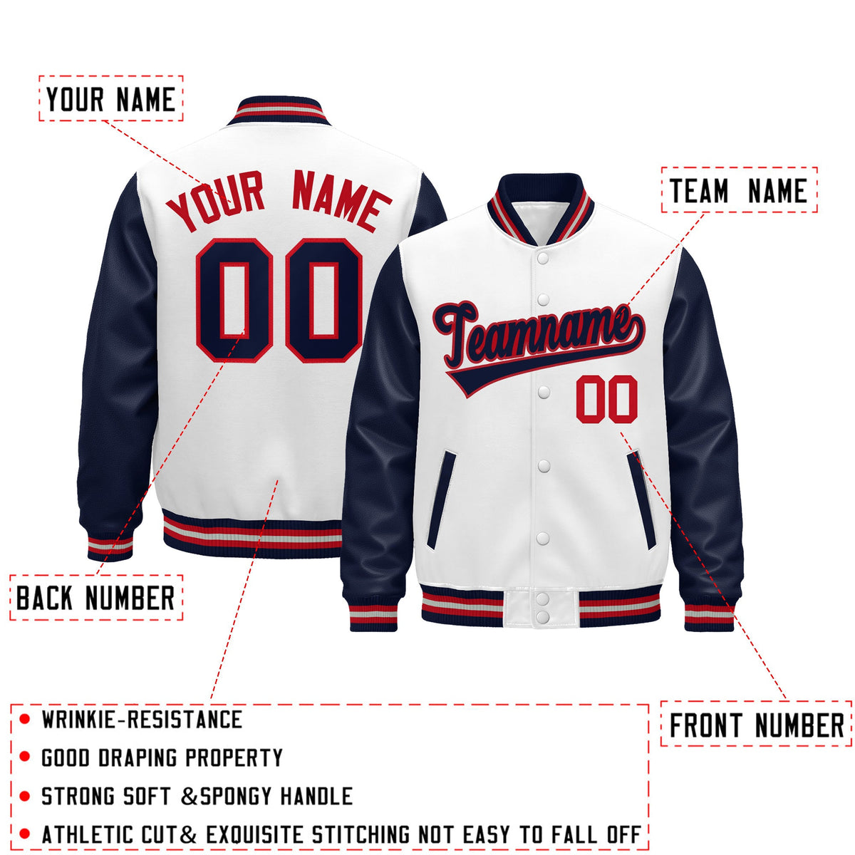 Custom Navy White Red Gray Raglan Sleeves Varsity Full-Snap Leather Sleeves Letterman Jacket| KXKSHOP
