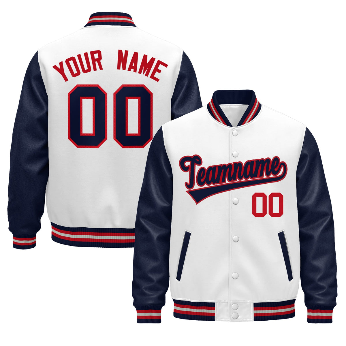 Custom Navy White Red Gray Raglan Sleeves Varsity Full-Snap Leather Sleeves Letterman Jacket| KXKSHOP